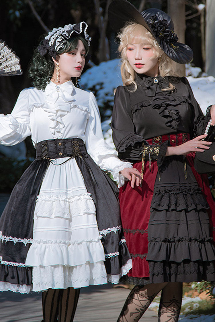 White/Black Gothic Lolita Skirt Dress Stitching Cardigan Ruffled - Altfashion Shop