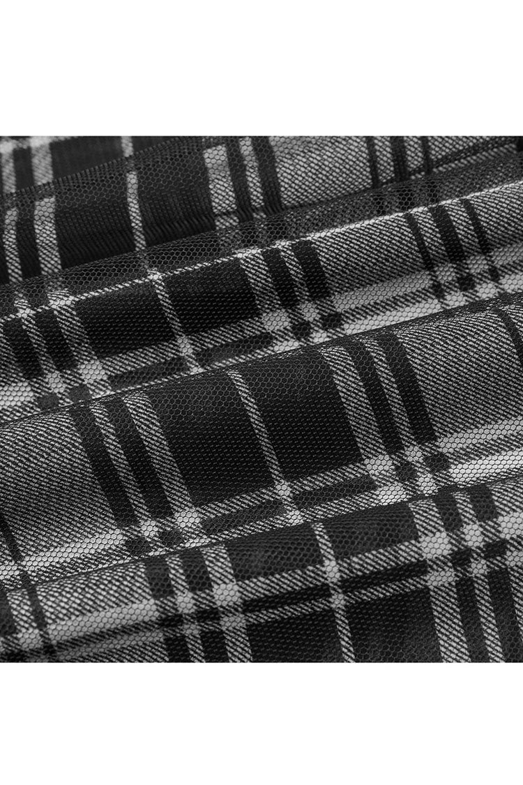 Metal Eyelets Shoulder Strap Irregular Hem Plaid Long Chiffon Punk Slip Dress