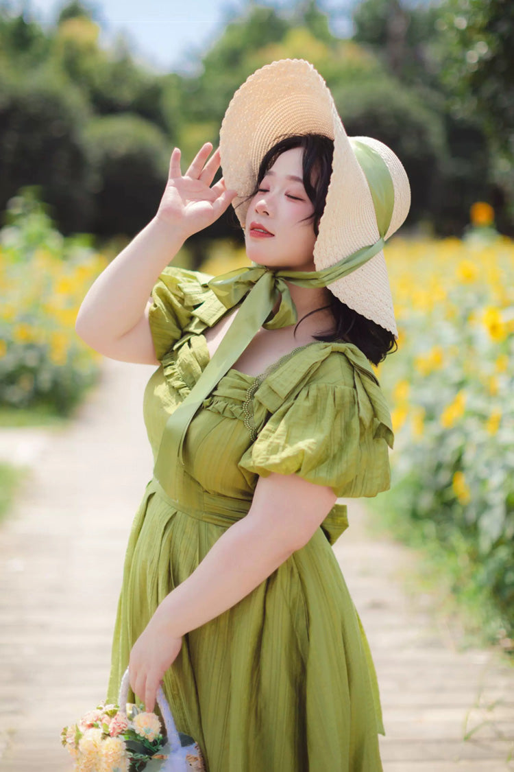 Square Collar Ruffled Bow Dress - Forest Gallery