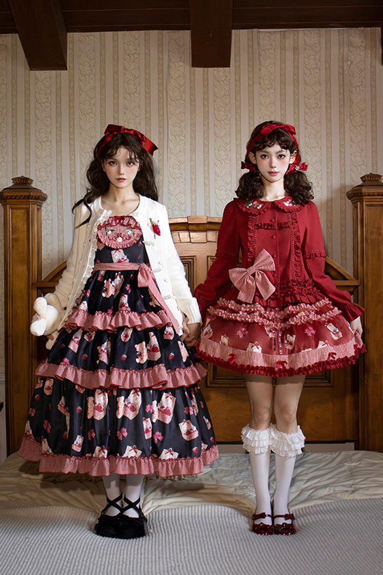 Blush Pink & White Berry Farm Print Long-Sleeve Layered Ruffled Sweet Lolita Gown