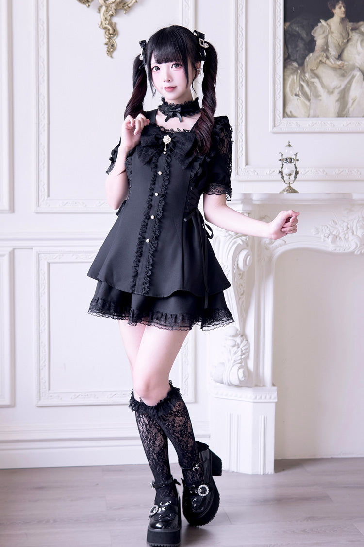 Waltz Bow Gothic Short-Sleeve Jirai Kei Dress Set - Black