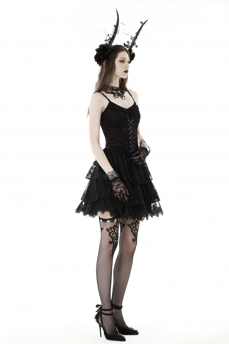 Black/Purple Multi-Layer Lace Lace-Up Gothic Dress