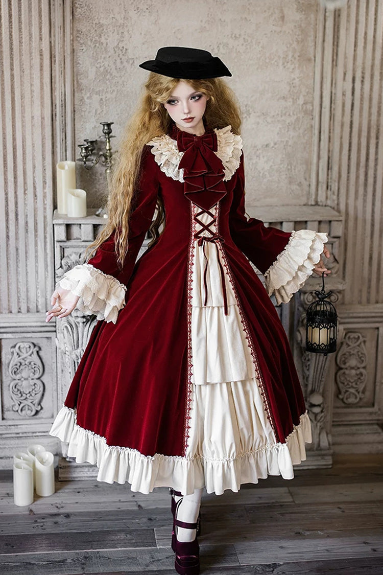 Gothic Lolita Dress with Ruffled Open-Front Bow and Lace-Up - Red
