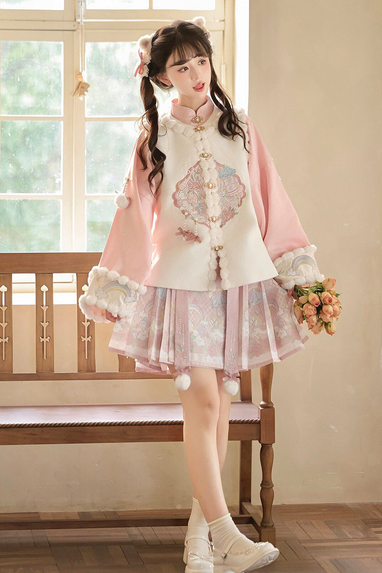 Ivory and Pink Miracle Pony Round Collar Long Sleeve High-Waist Printed Sweet Hanfu Dress Set