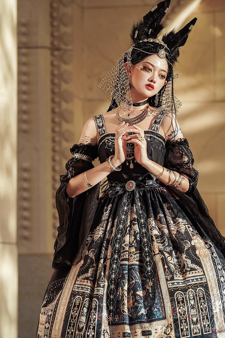 Gothic Lolita Dress with Egyptian Print, Ruffles, Dusk Style
