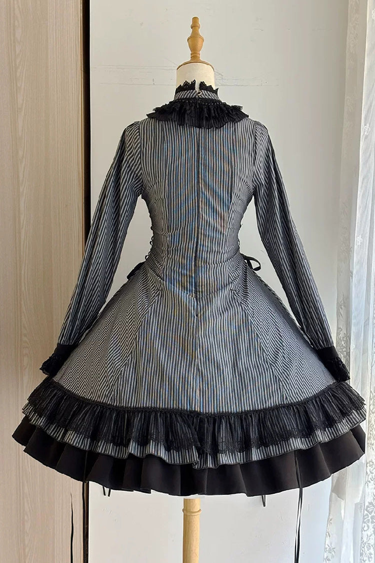 Point Manor Stand Collar Long Sleeves Multi-Layered Striped Printed Ruffled Lifted Hem Bow Gothic Lolita Dress - Black