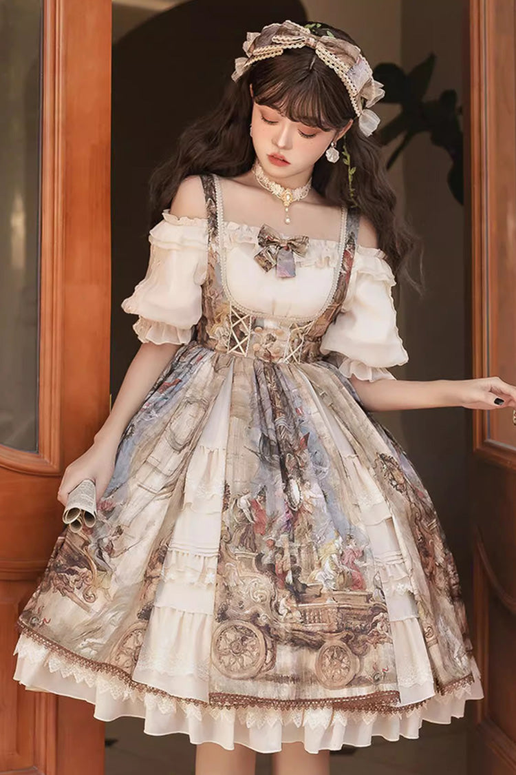 Oil Painting Bowknot Lace Elegant Palace JSK in Brown