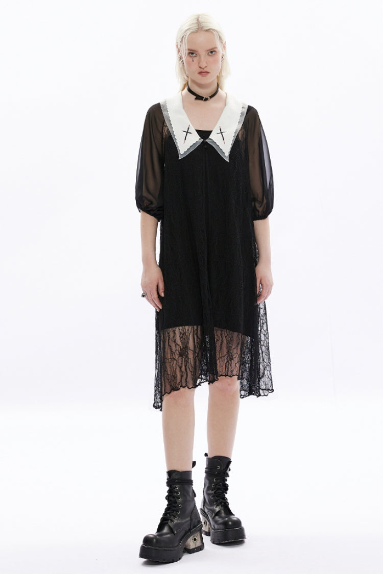 Jet-Black Loose Gothic Dress with Cross Embroidery and Puffed Sleeves