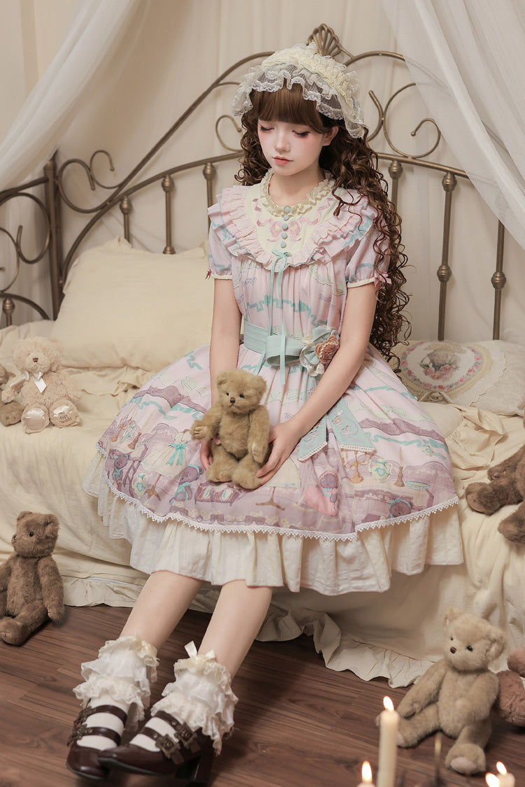 Brown Dollhouse Short Sleeves Bear Printed Ruffled Bow Sweet Lolita Dress Set - Pink