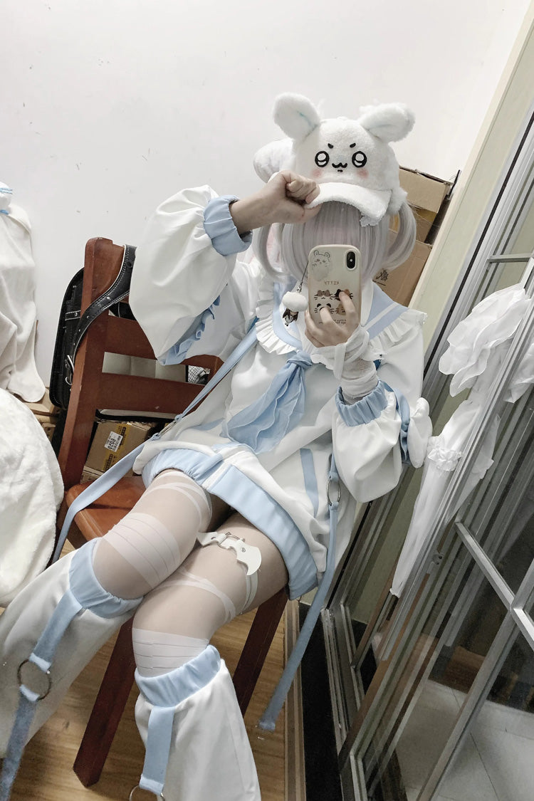 Angelic Letter Print Long Sleeve Coat in White/Blue