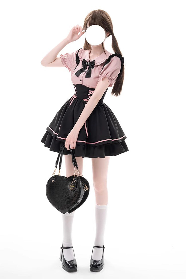 First Sakura Short Sleeves Multi-layer Lace-Up Sweet Jirai Kei Japanese Set - Black/Pink