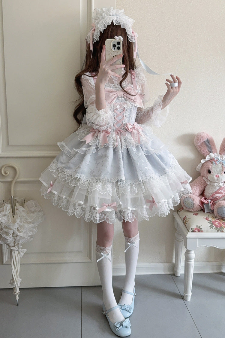 Blue Ballet Lace Ruffle Sleeveless Bowknot Sweet Jsk Dress - Fleishi Island