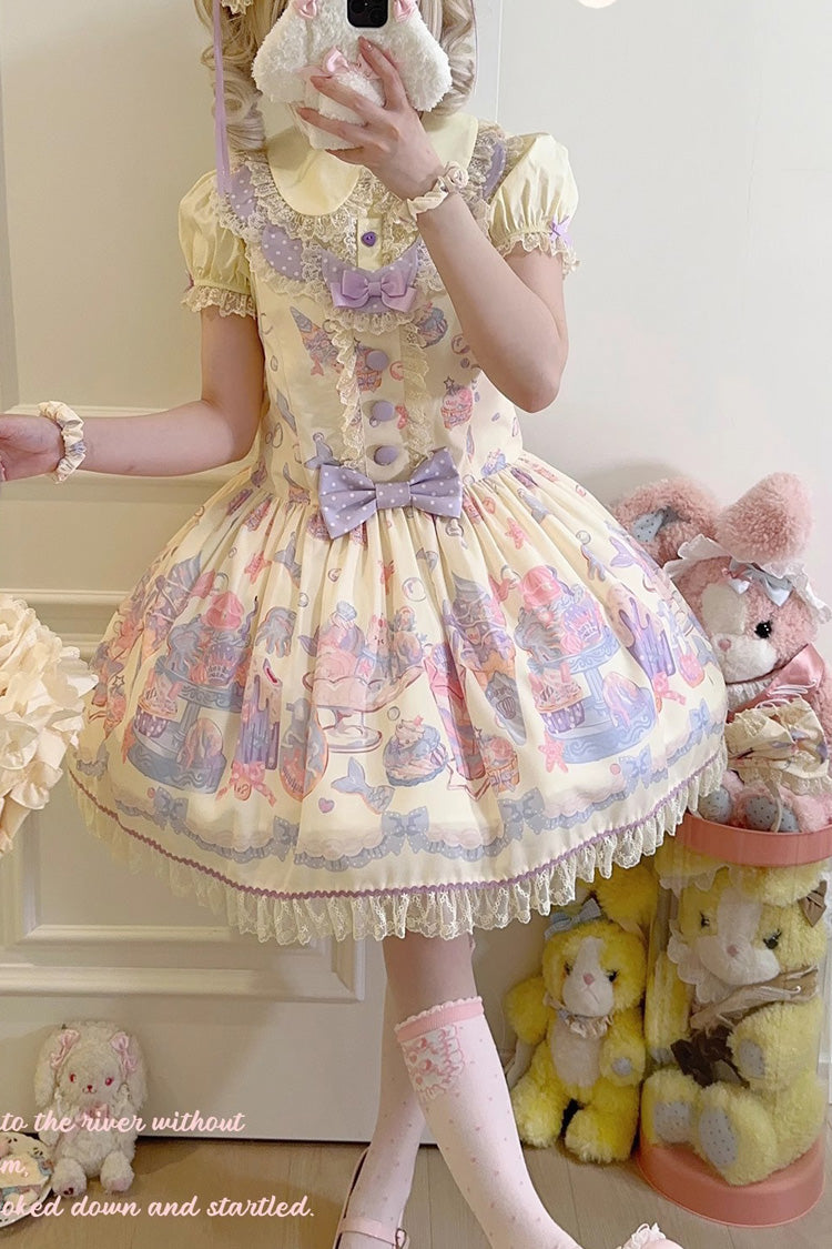 Cream Soda Mermaid Print Yellow Bow Lace Sweet Lolita Strap Dress