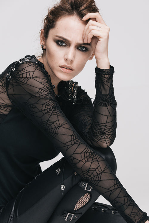 Spiderweb Back Mesh Top with Long Sleeves