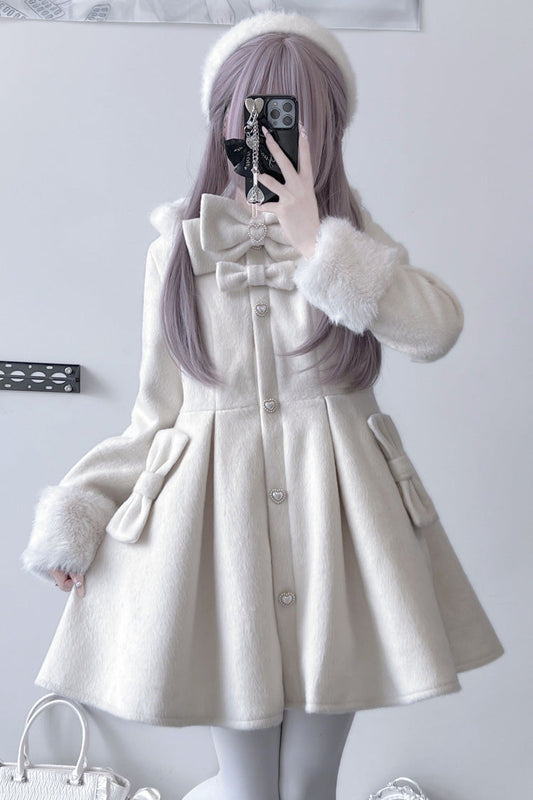 Snow Plush Thickened Long-Sleeve Bowknot Sweet Lolita Coat, Two Shades