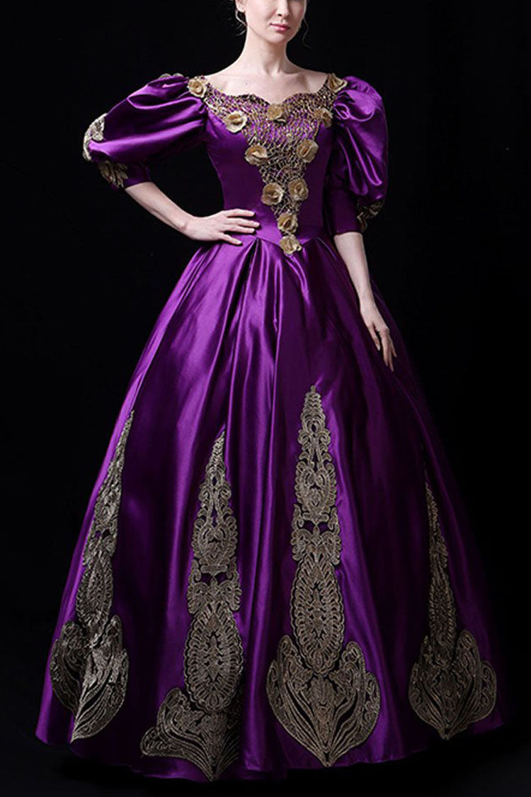 Boat Neck Half Sleeves High-Waist Gold Floral Hollow Print Victorian Lolita Ball Gown