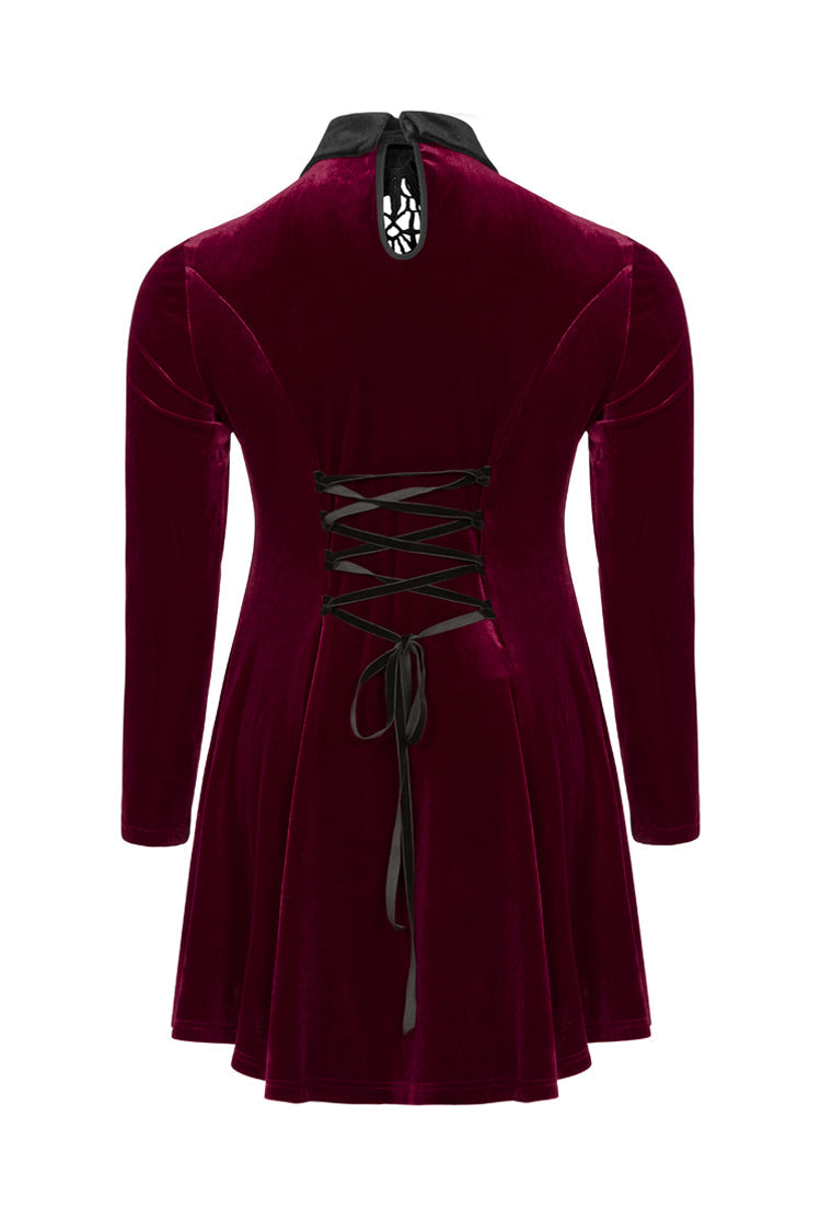 Velvet Front Chest Hollow-Out Decals Back Lace-Up Long Sleeve Plus Size Gothic Dress