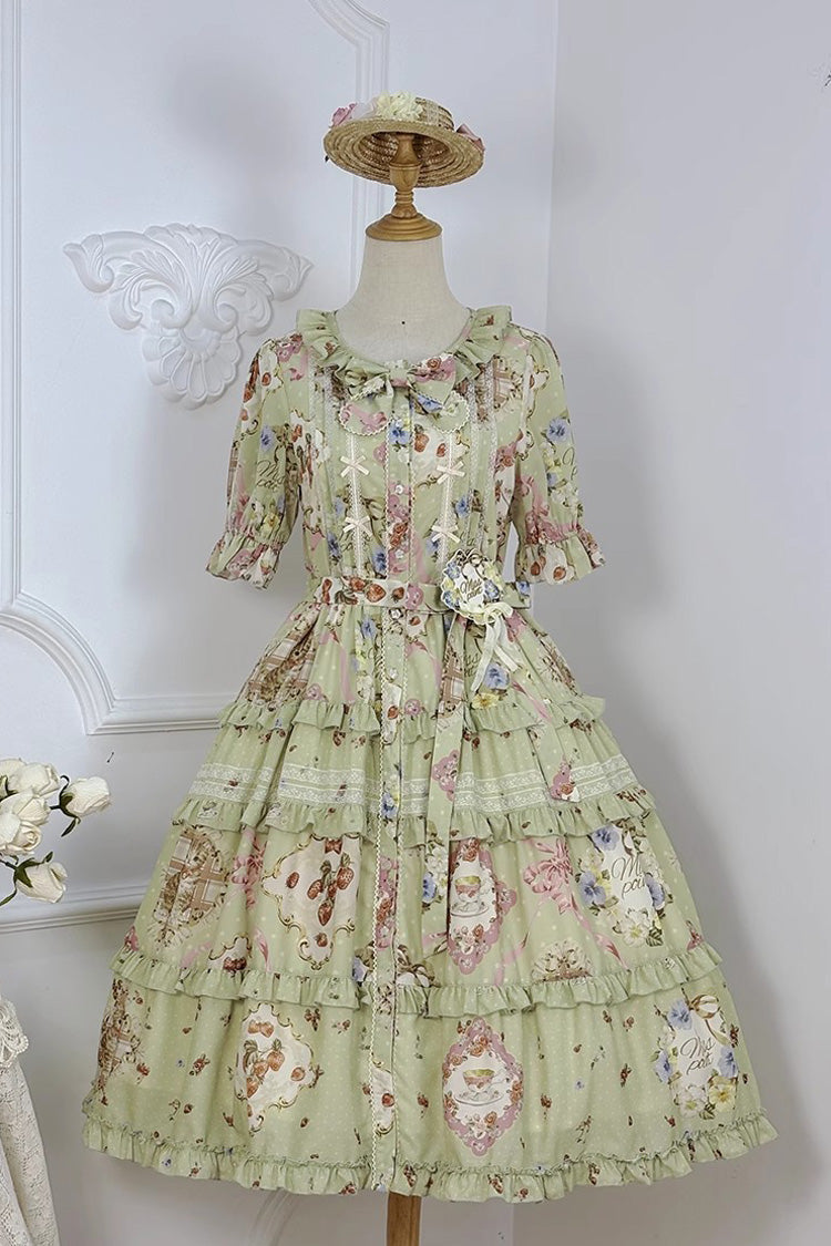 Green Short Sleeve Print Ruffle Cardigan Daily Sweet Dress