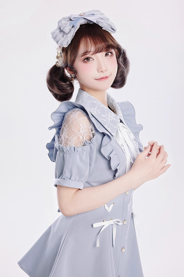 [Alice of Wednesday] Sweet Off Shoulder Short Sleeves Ruffle Bowknot Lace-Up Japanese Jirai Kei Dress Shorts Set 3 Colors