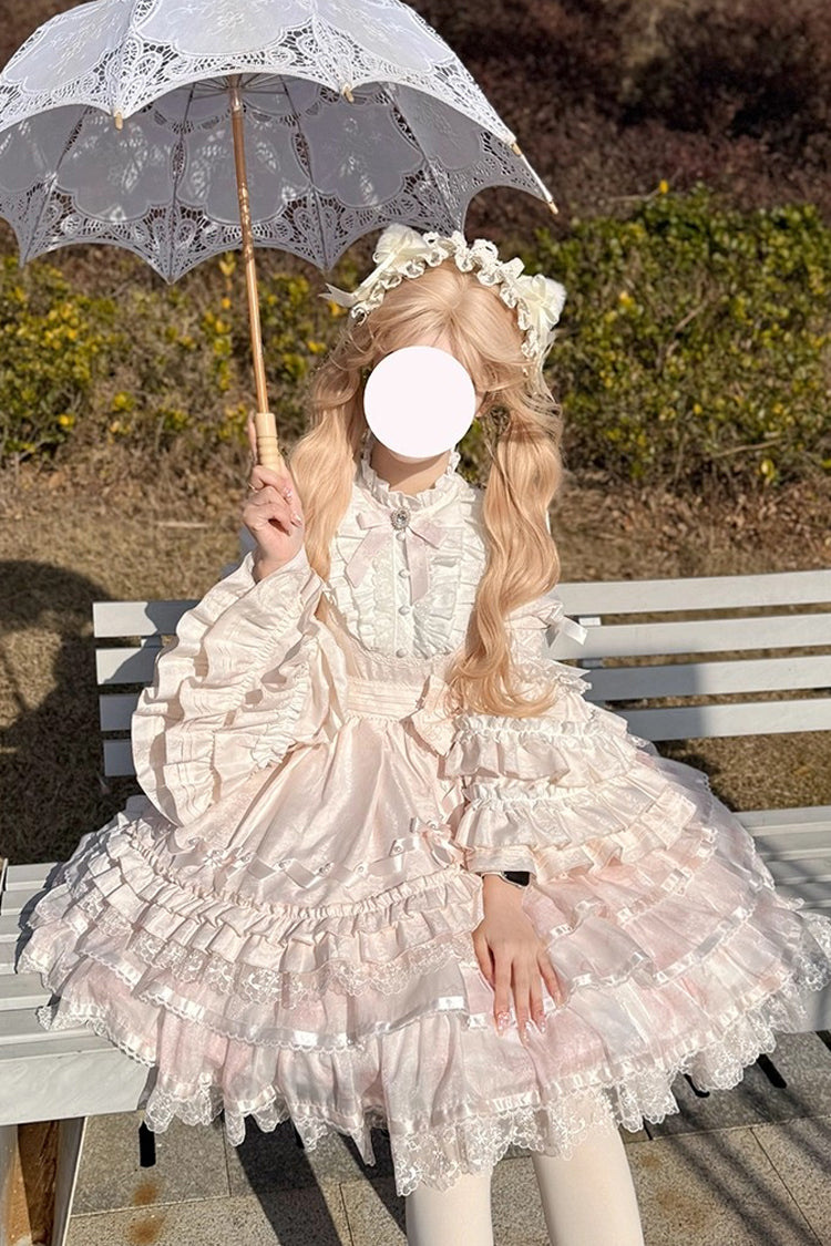 Pink Soloist Doll Long Hime Sleeve Multi-Layer Print Ruffle Bow Asymmetrical Sweet Lolita
