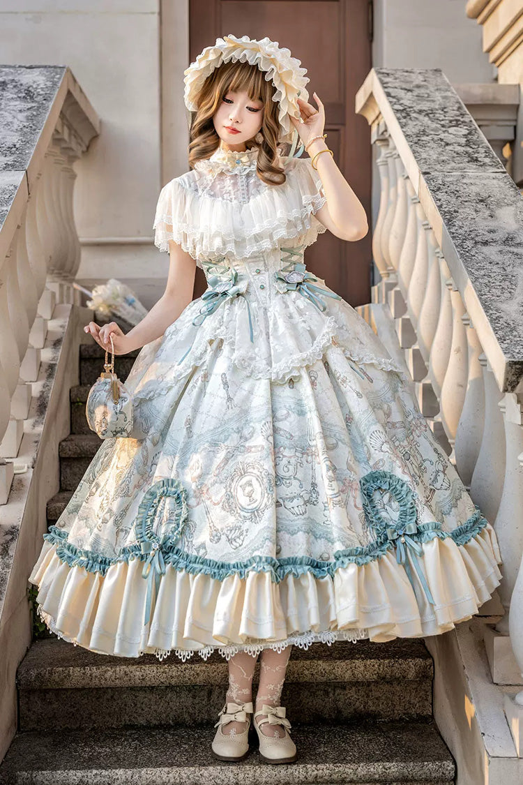 Cream Cloudborne Prelude Edwardian Collar Jacquard Printed Bow Frilled Lace Fishbone Classic Sweet Lolita Dress