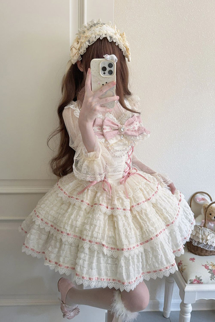 Sweet Lolita JSK Dress with Triple-Layer Bowknot Lace-Up and Apricot Sleeveless Design