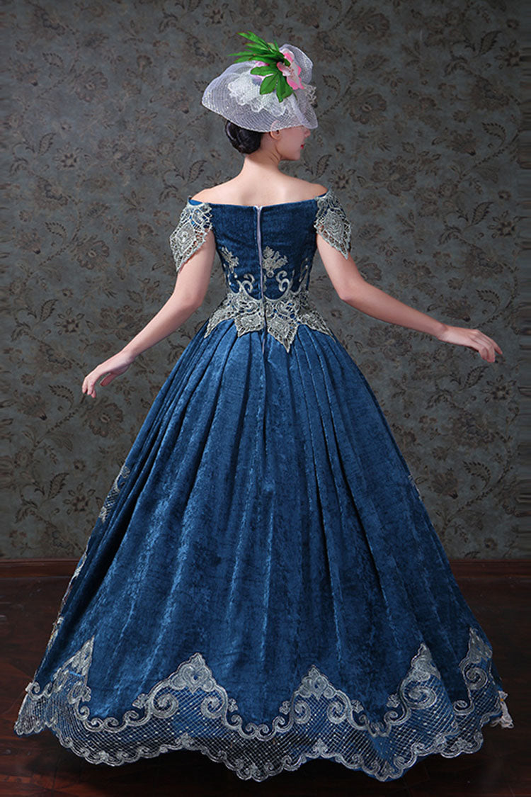 Azure Boat Neck Off-Shoulder High-Waist Embroidered Floral Victorian Lolita Evening Gown
