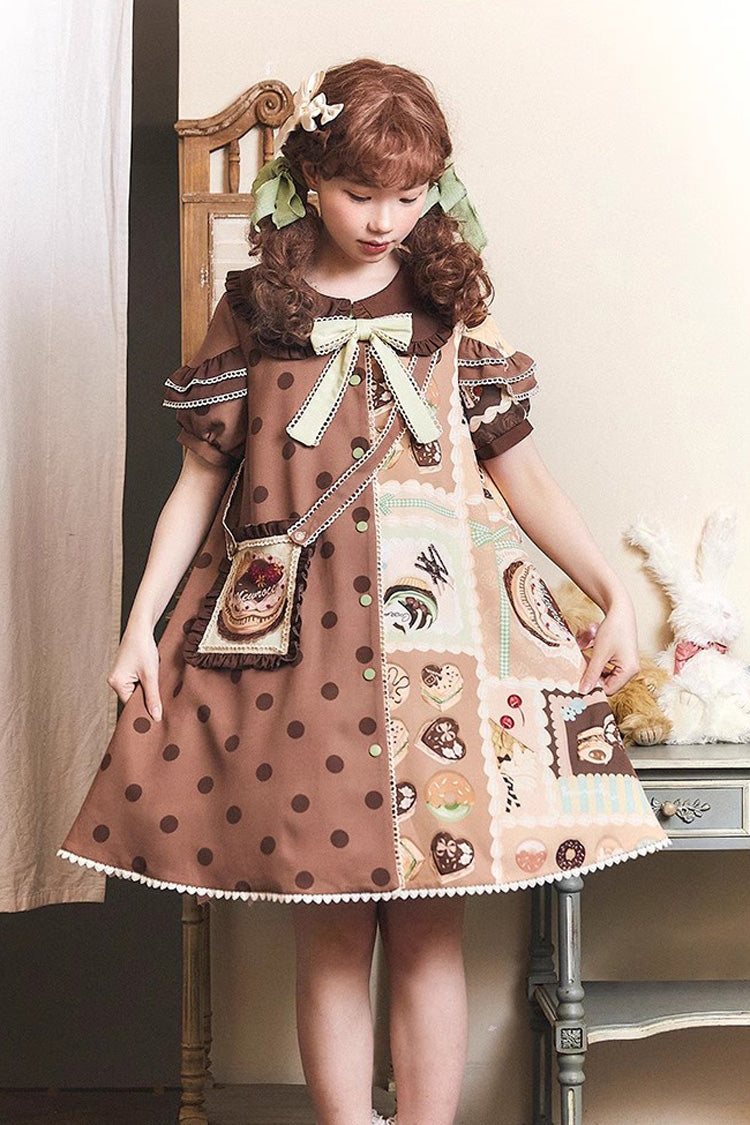 Chocolate Dessert Cake Printed Short Sleeved Ruffled Bow Lolita Dress