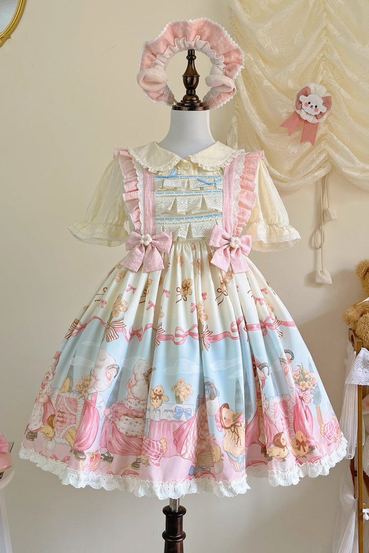 Blue/Pink Sheep Waltz Printed Ruffled Bow Lace Sweet Lolita JSK Dress - Miss Brown