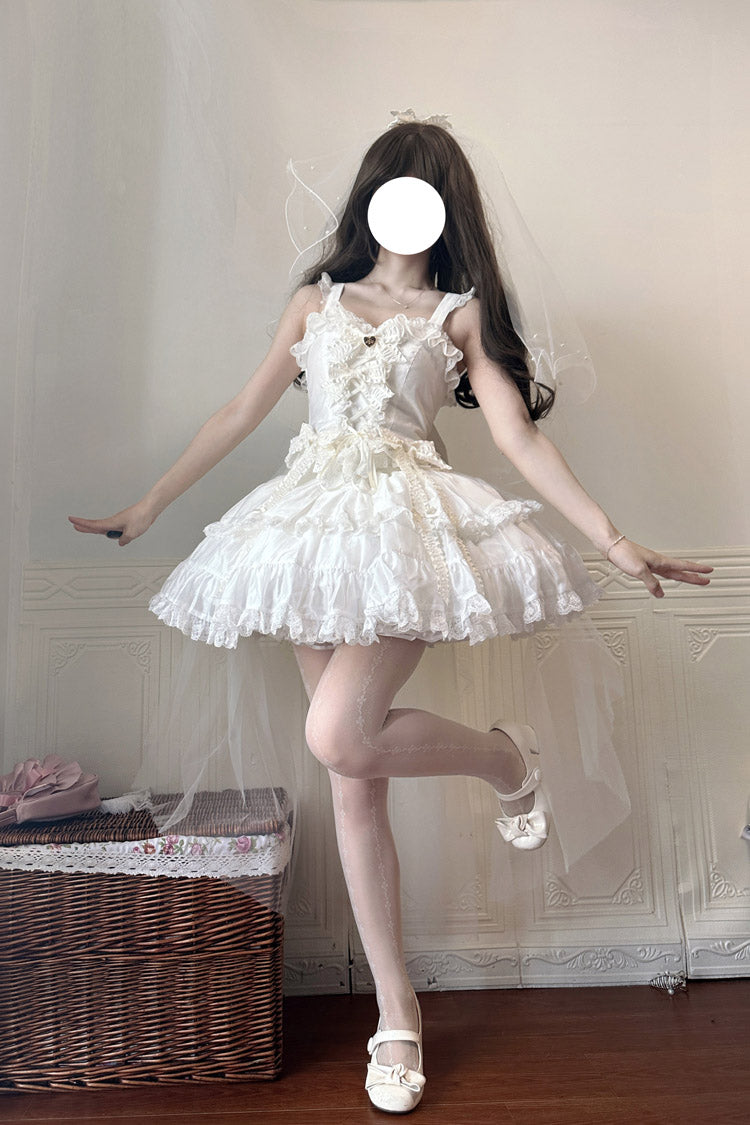 Ivory Ruffle Bowknot Lace-Up Skirt Set - Sweetheart Splolita