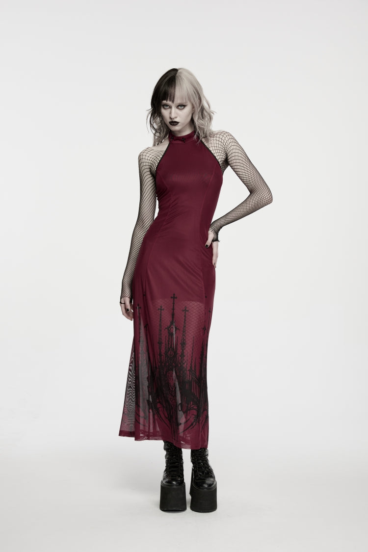 Red Halterneck Sleeveless Double-Layer Church Skull Printed Lace-Up Slim Gothic Dress