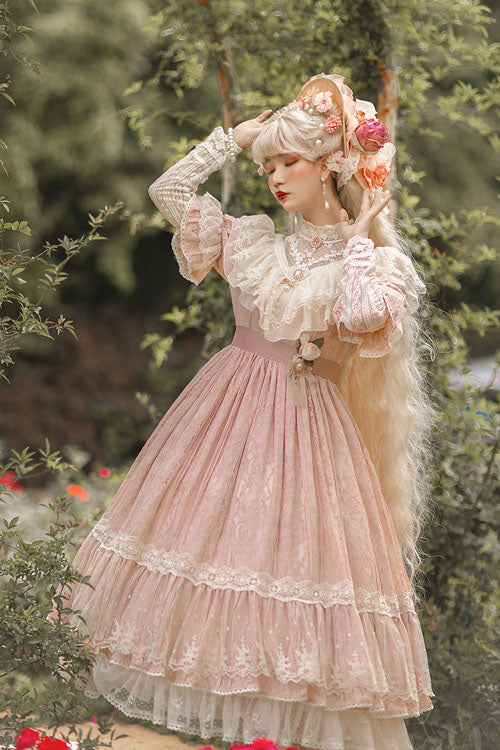 Rose Print Lolita OP Dress with Multi-Layer Ruffles, Sweet Style
