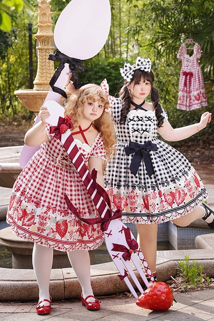 Strawberry Plaid Print Bowknot Sweet Plus Size Princess Black Short Sleeves Dress