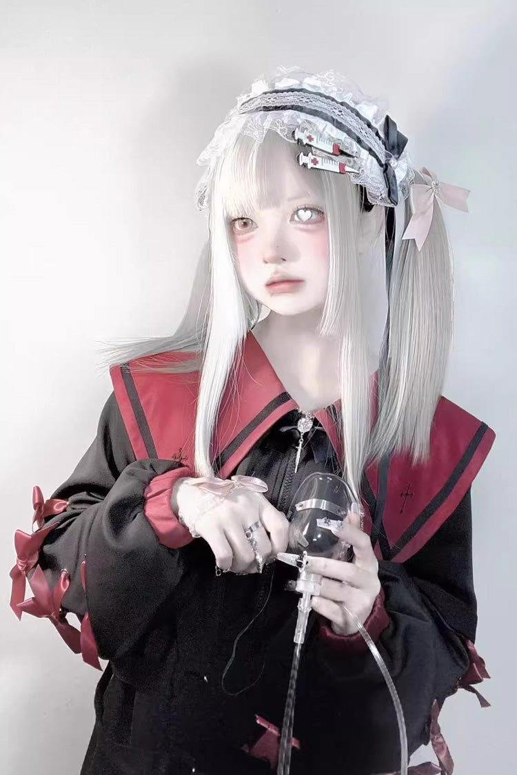 Sailor Collar Long Sleeve Cross Print Bow Coat - Jirai Kei