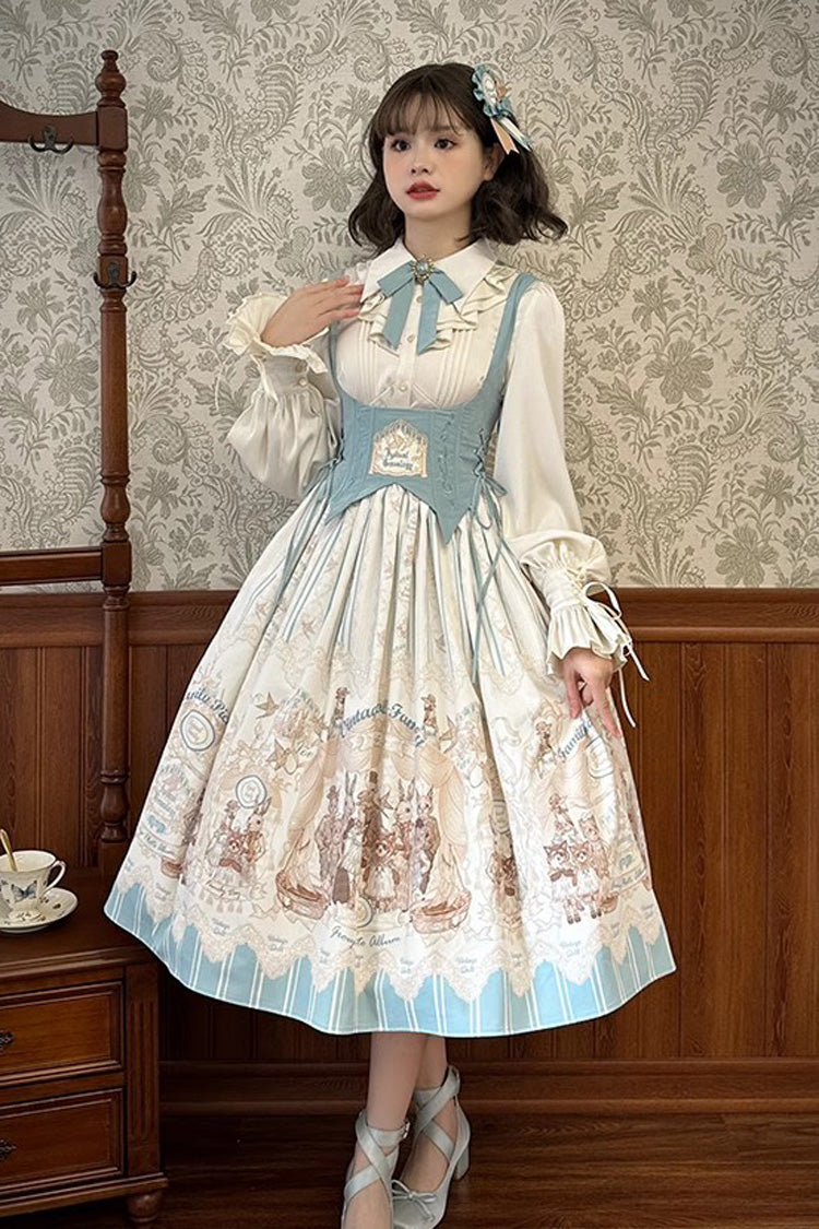 Dollhouse Print Long JSK Dress with Embroidery and Ruffles