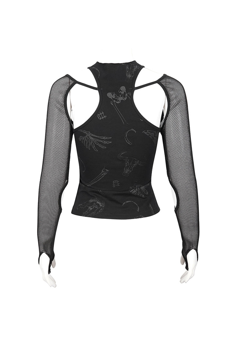 Occult Leather-Striped Long Sleeve Gothic Tee for Women