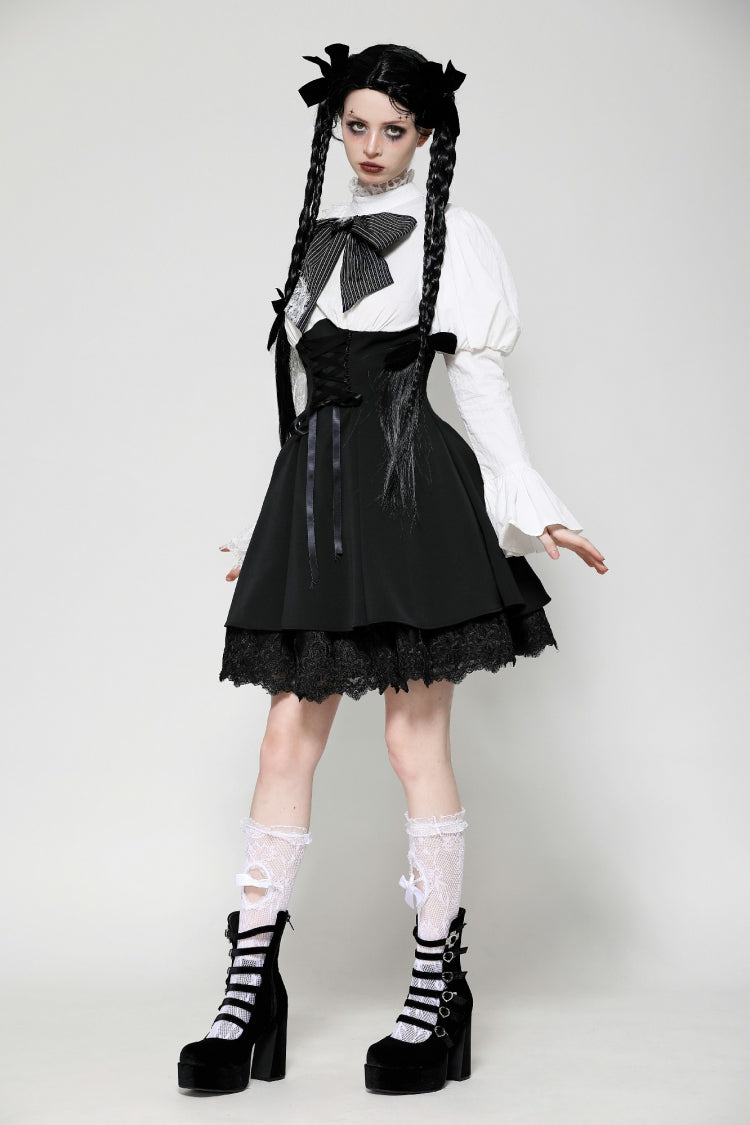 Lace High Collar Asymmetric Long Trumpet Puff Sleeves Bowknot Gothic Short Dress