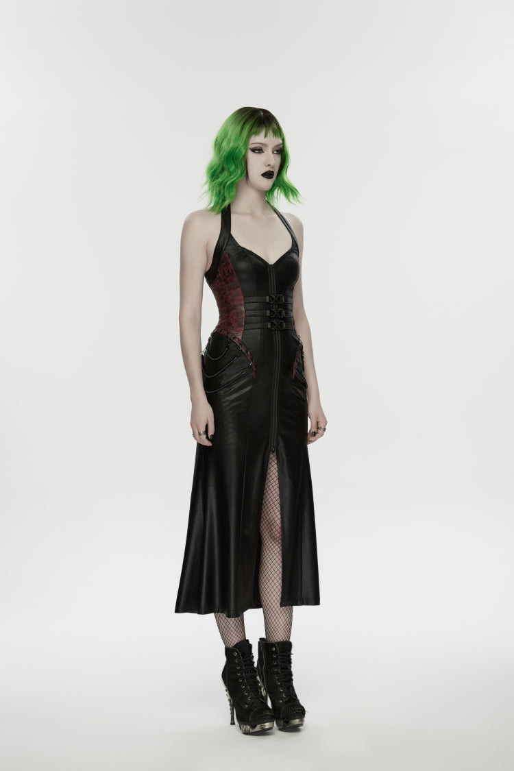 Crimson & Noir Halter Neck Sleeveless Buckle Detail Punk Mini Dress