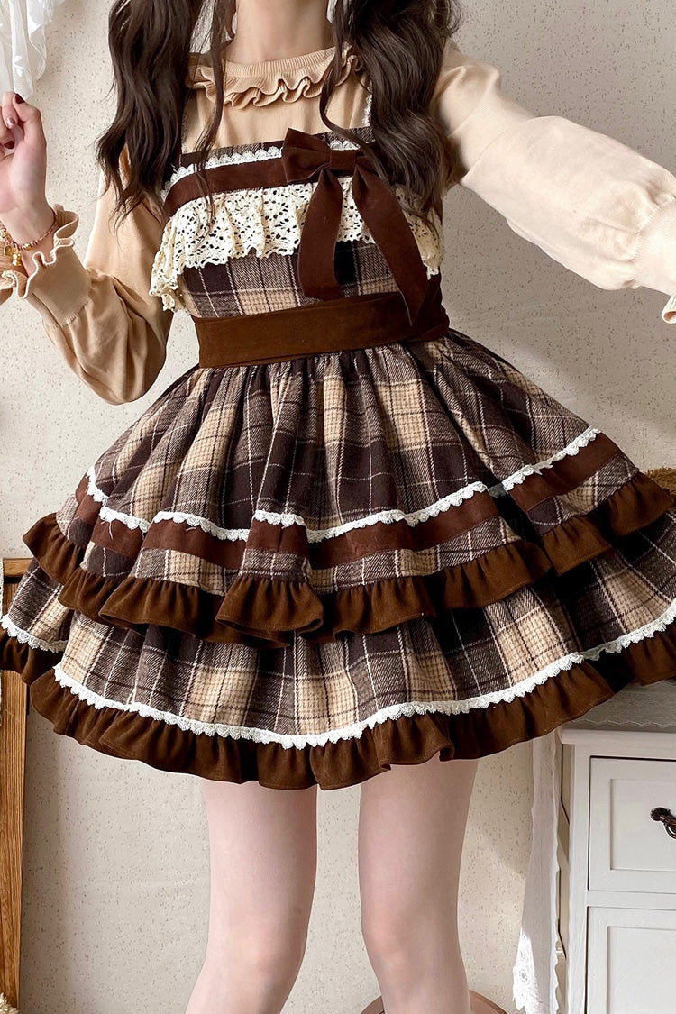 Caramel Cocoa Double-Layered Print Ruffle Bow Sweet JSK