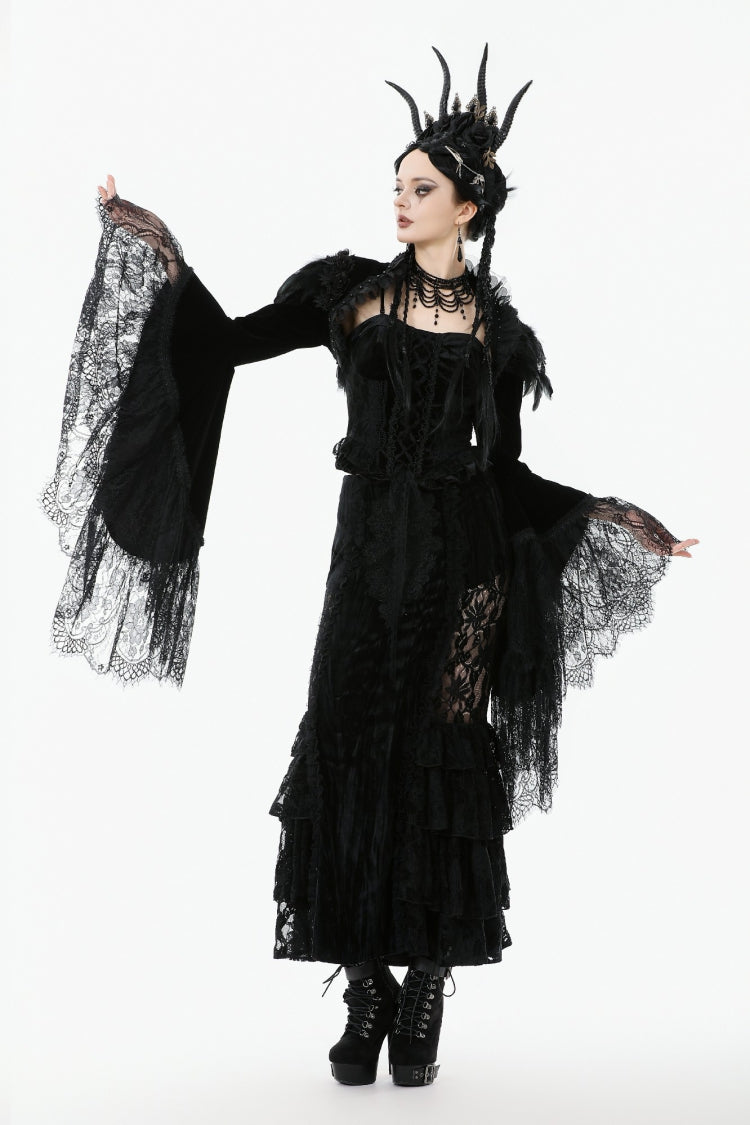 Spliced Velvet Long Flared Sleeve Floral Feather Gothic Cape for Women Lace