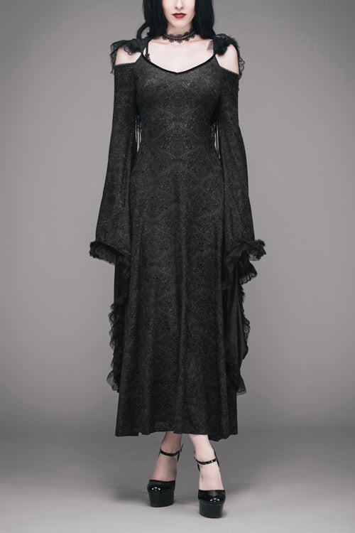 Stretchy Floral Off-Shoulder Hooded Black Dress