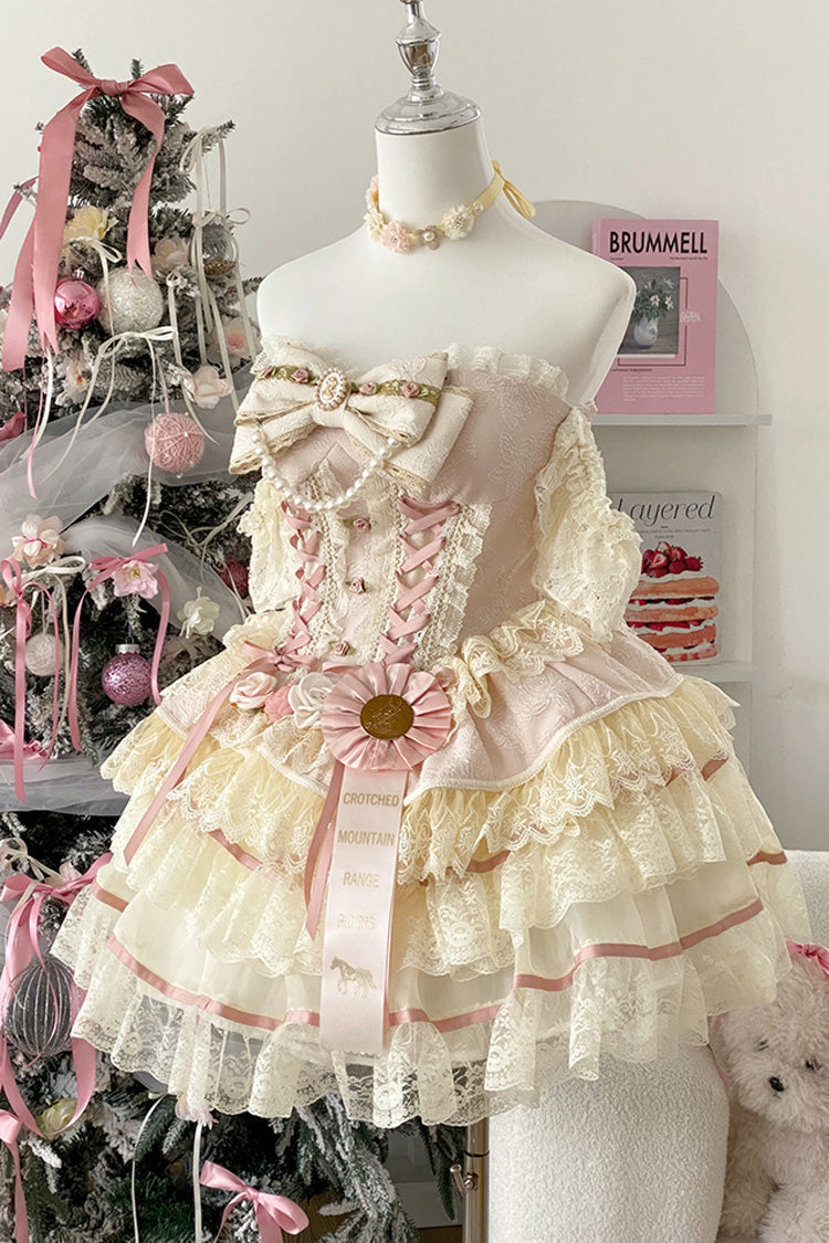 Pink Triple-Layered Ruffled Bow Lace Gorgeous Sweet Lolita Skirt