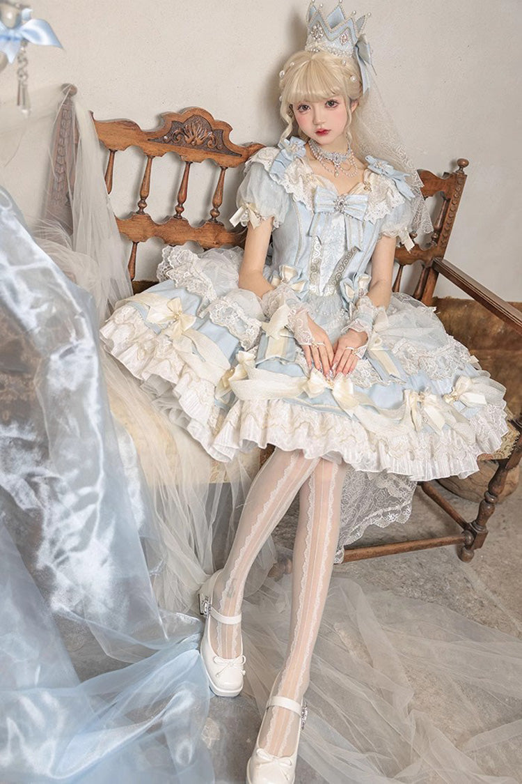 Light Blue Short Sleeve Layered Lace Sweet Dress - Girls' Day