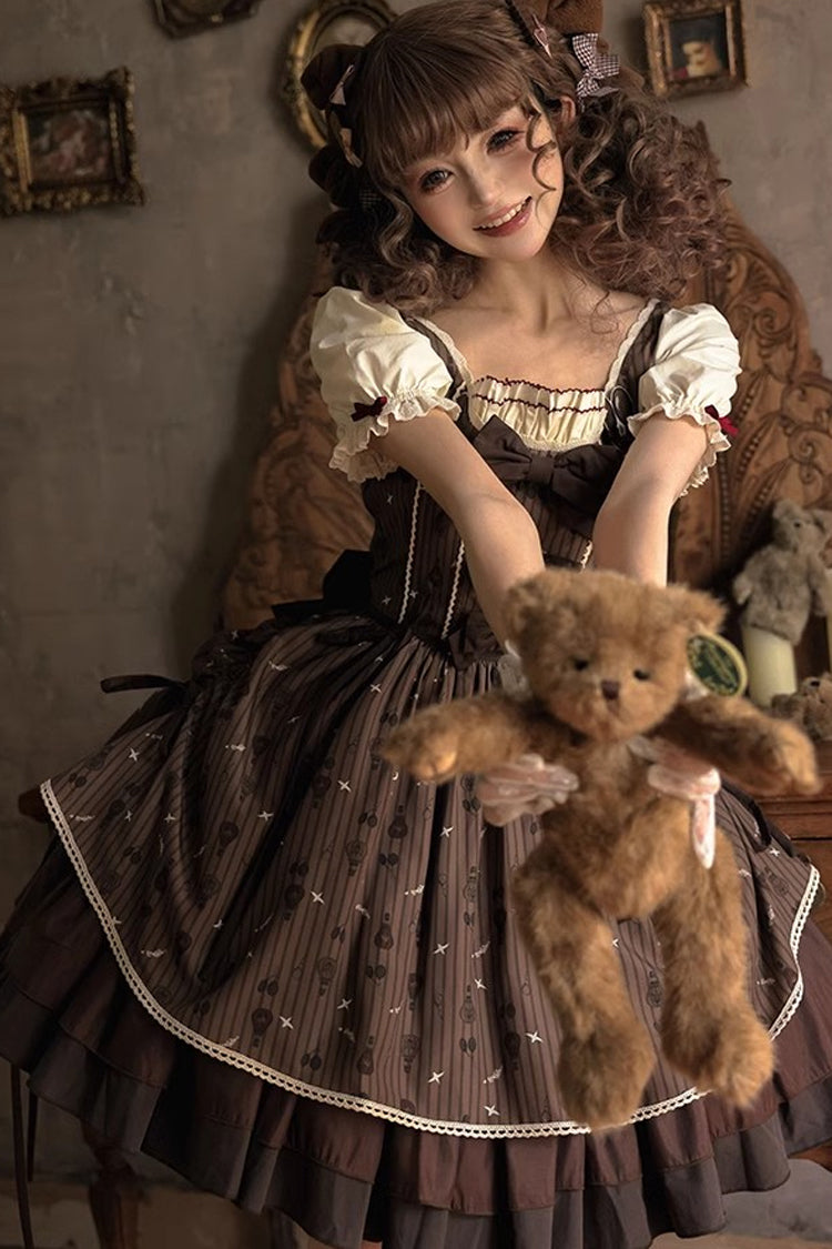 Brown Print Bow Sweet Elegant Princess Dress - Hot Air Balloon