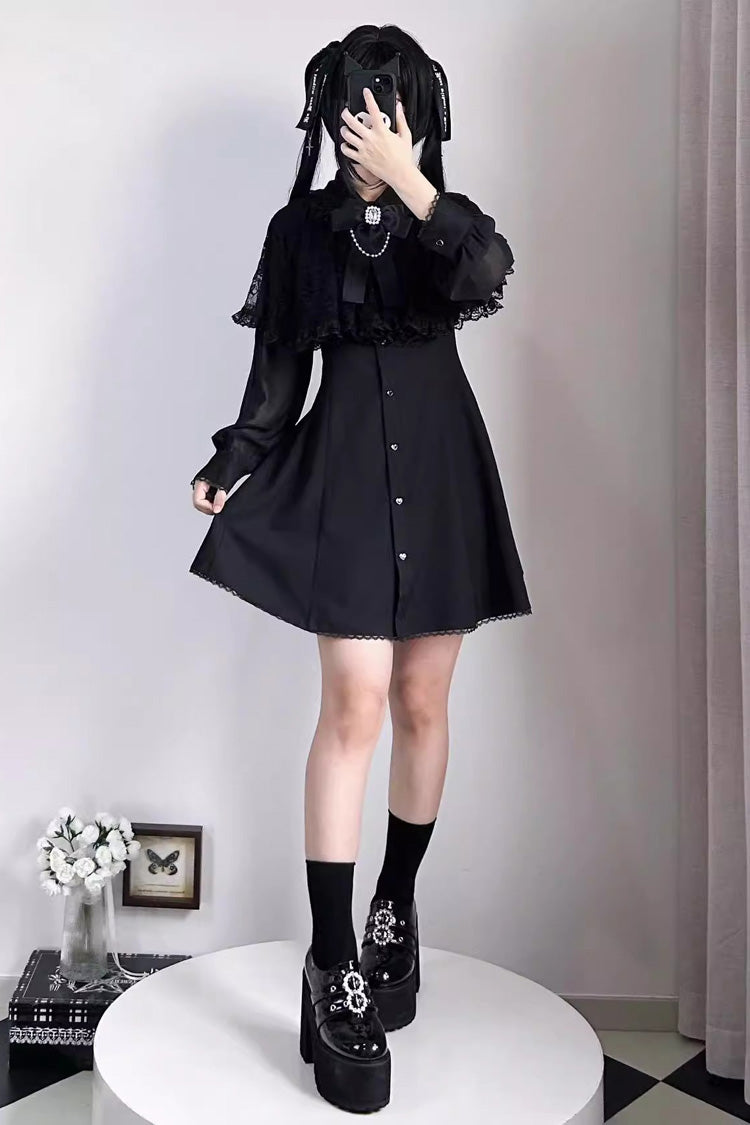 Slim Jirai Kei Dress with Shawl Collar and Lace