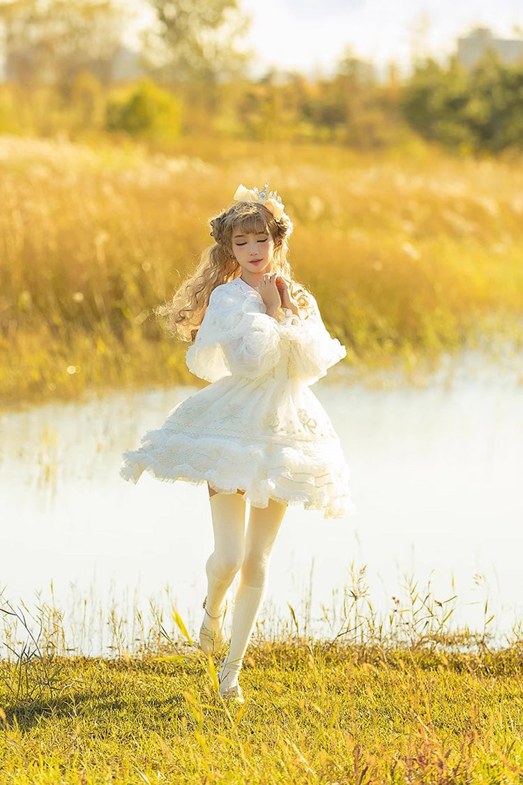 White Multi-Layer Dream Dance Print Embroidered Tulle Sweet Lolita JSK