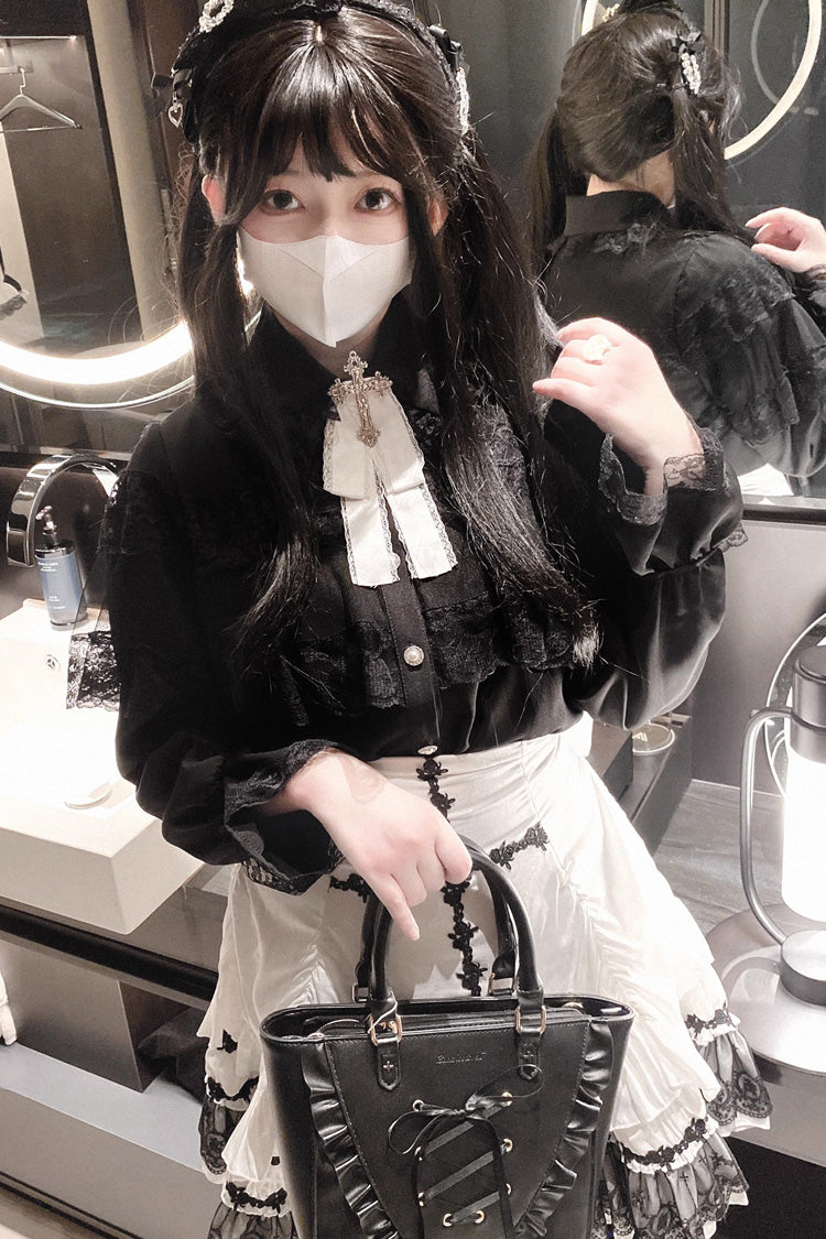 Jirai Kei Blouse with Hollow Lace and Long Sleeves - Mist Veil, 3 Tones