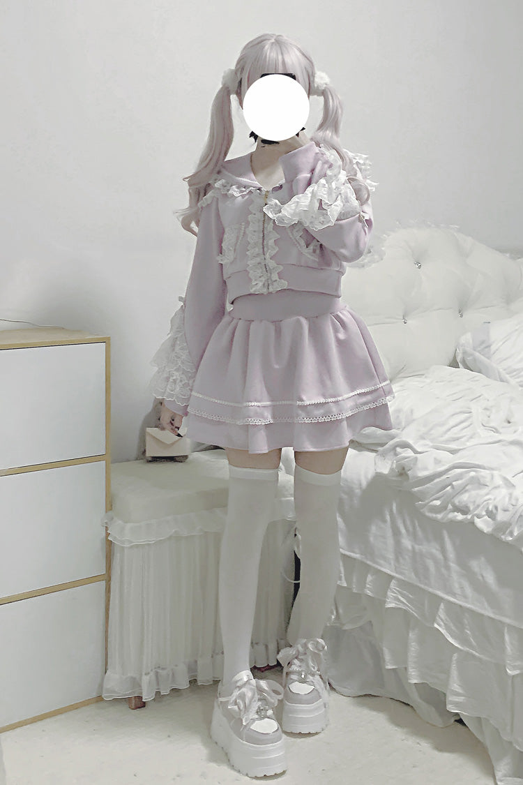 Pink Heartbeat Rhythm Long Sleeve Ruffle Lace Hooded Jirai Kei Skirt Set