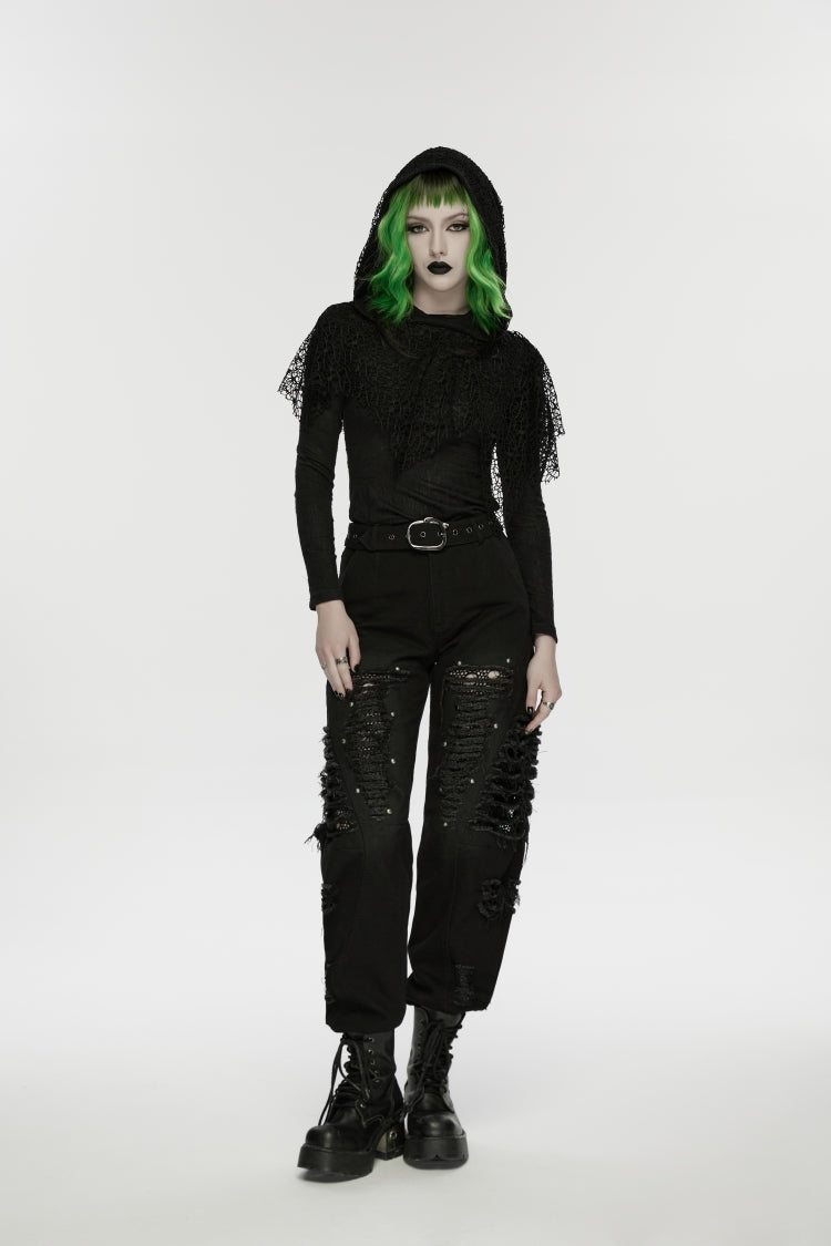 Decadent Denim Pants with Rips and Eyelets for Women