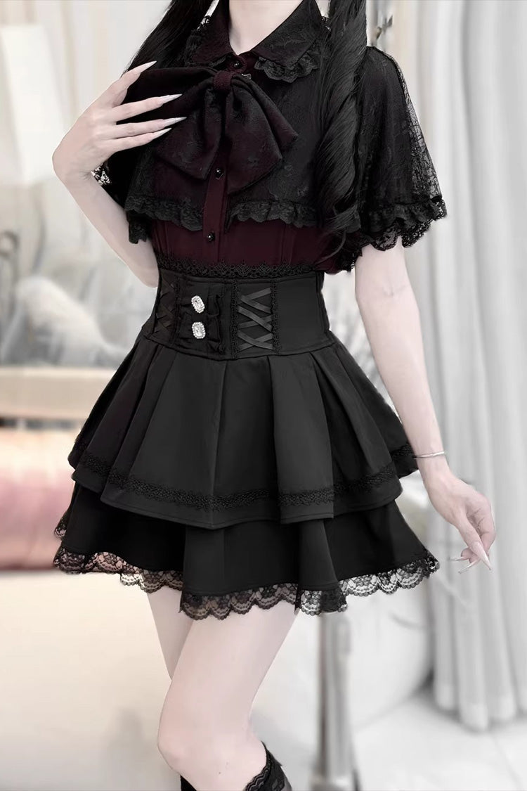 Dark Moon Shadow Double Layered Ruffled Embroidered Lace Up Gothic Lolita Set